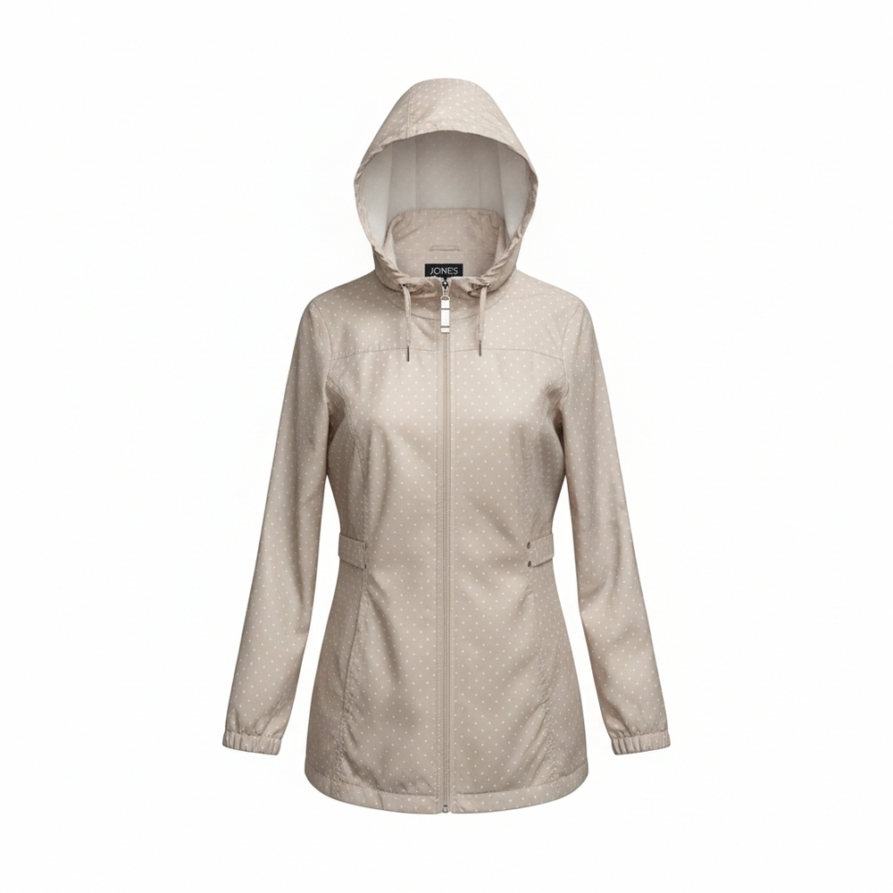Jones New York Beige & White Polka Dot Packable Hooded Rain Jacket Size Med